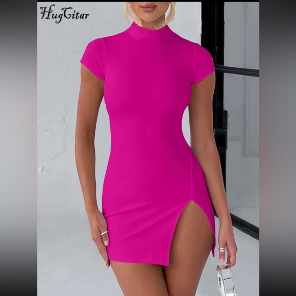 SHEIN Dresses & Skirts - SHEIN Bright Pink High-Neck Split Mini Dress NWOT